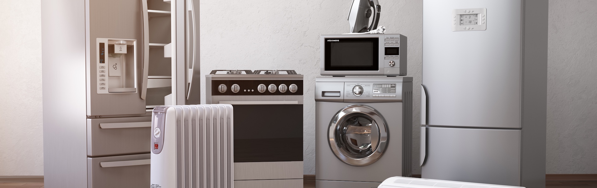 Home appliancess. Set of household kitchen technics in the new appartments or kitchen. E-commerce online internet store nad delivering of appliances concept. 3d illustration