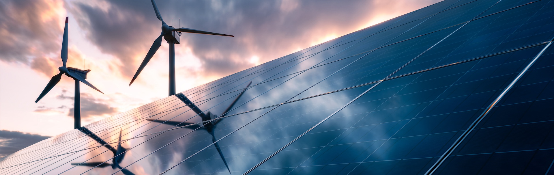 Renewable energy concept. Solar panels and wind generators with cloudy sky in the background. 3D rendering.